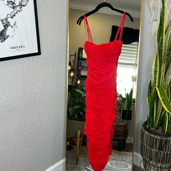 RARE HOUSE OF CB 'Sirene' Red Gathered Organza Mesh Dress NWT - Picture 8 of 11